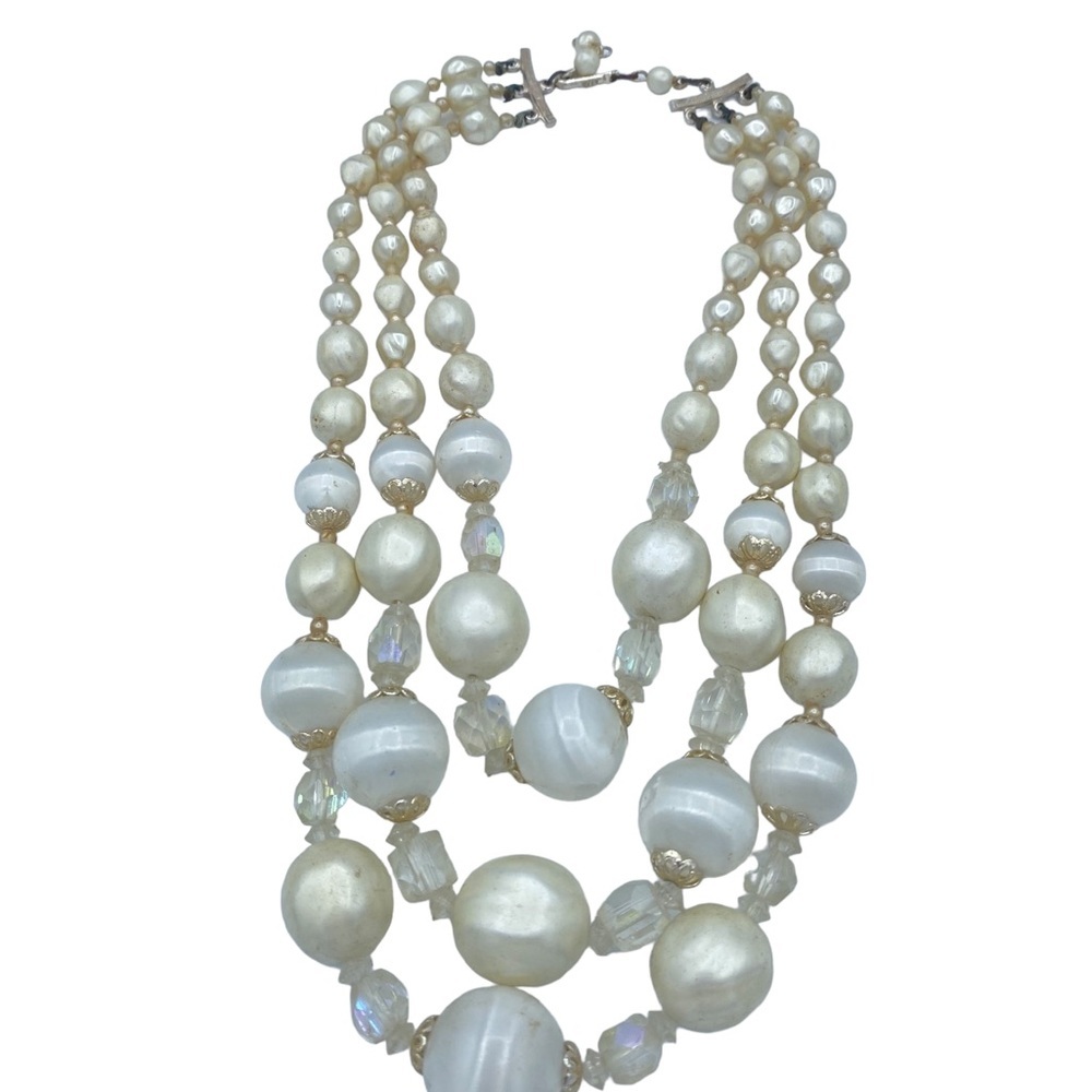Vintage multi strap beaded 50s necklace with faux pearls crystal beads